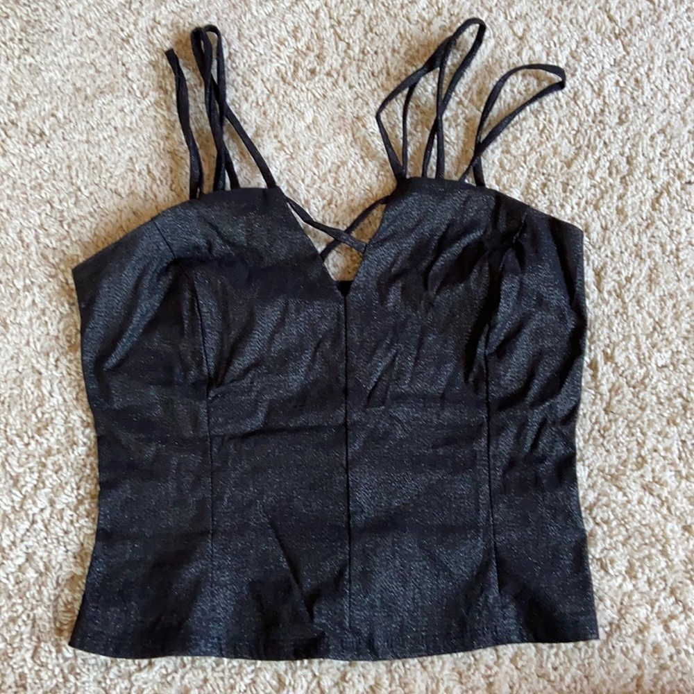 Black shimmer strappy top, very flattering!